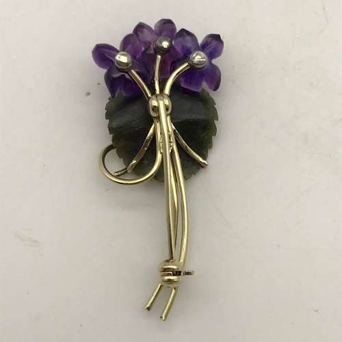 Vintage 14ct Gold, Amethyst & Jade Flower Brooch (V. R39 240)