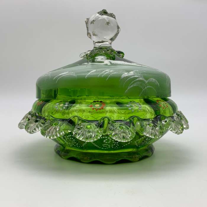 Large Antique `Mary Gregory` Enamelled Glass Bowl & Lid