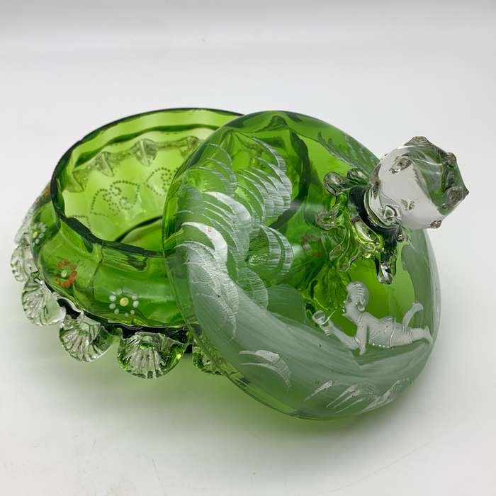 Large Antique `Mary Gregory` Enamelled Glass Bowl & Lid