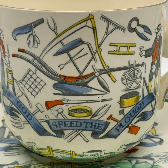 Large Antique `Farmers Arms` Cider Mug & Saucer (Burgess & Leigh)