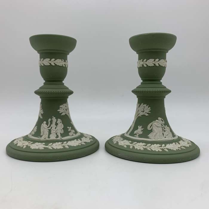 Lovely Green 'Wedgwood' Jasperware Candlesticks