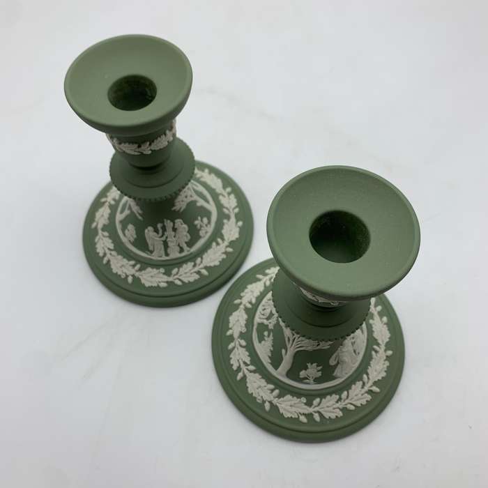 Lovely Green 'Wedgwood' Jasperware Candlesticks