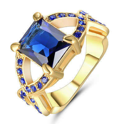 DAZZLING!! Yellow Gold Filled Ring With Blue Sapphire Size 7 US