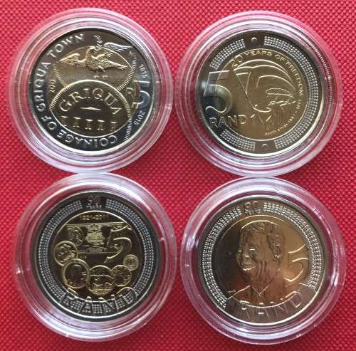 FANTASTIC FULL SET OF UNC BIMETAL R5 COMMEMORATIVE COINS IN CAPSULES (Griqua Democracy Mandela SARB)