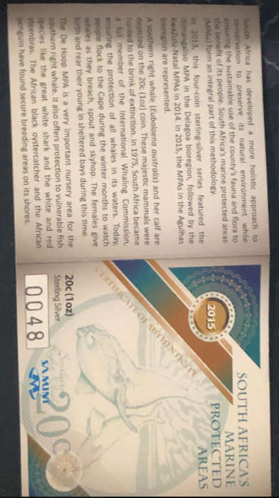 SOUTHERN RIGHT WING WHALE AND HER CALF 1 0Z PROOF COIN IN THE ORIGINAL SA MINT PACKAGING