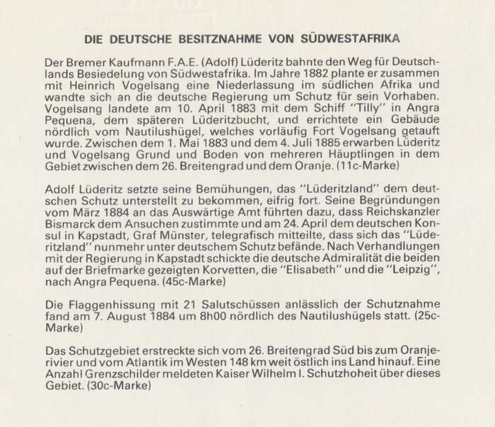 SWA 1984-08-07 Centenary of German Colonisation (1884) FDC 46 (140 000) - [SACC R7]