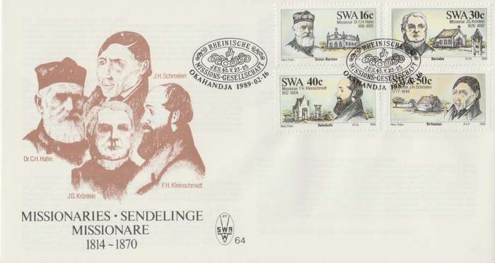 SWA 1989-02-16 German Missionaries 1814-1870 FDC 64 [SACC R7]