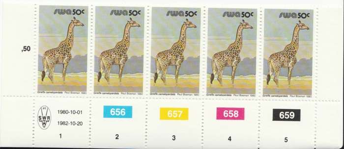 SWA 1980-10-01 3rd Def Issue - 50c Giraffa camelopardalis SACC 372 x5 - 1982-10-20 Reprint [SACC R5]