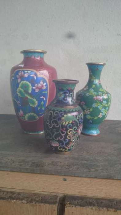 SET OF 3 COPPER BRASS CHINA VASES