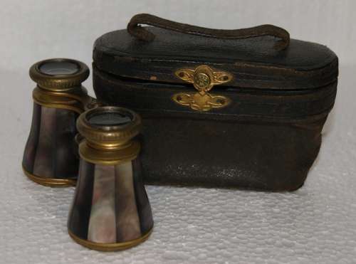 Antique Colmont brass and mother of pearl opera glasses in original case