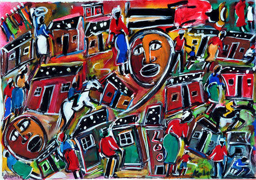 Eli Kobeli painting mix media, signed, image size 46 - 66 cm, framed.