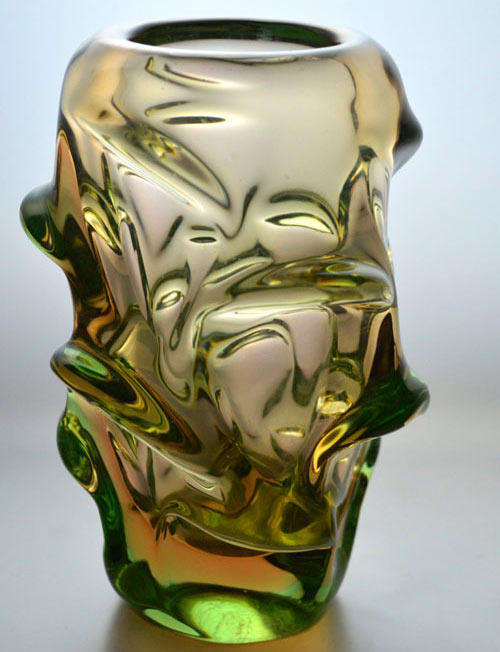 HALLMARK DESIGN: HEAVY SKRDLOVICE PALE AMBER & GREEN ATLAS VASE, DESIGNED BY JAN KOTIK