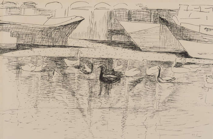 MAUD SUMNER (1902-1985) LITHOGRAPH  `DUCKS & BOATS ON THE SEINE` :  SIGNED WITH INITIALS IN PENCIL