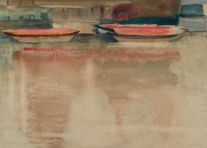 MAUD SUMNER (1902-1985) LITHOGRAPH  `DUCKS & BOATS ON THE SEINE` :  SIGNED WITH INITIALS IN PENCIL