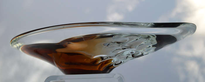 A BEAUTY! WITH LABEL! MAGNIFICENT AMBER & CLEAR CZECH ART GLASS BOWL, DESIGNED BY LADISLAV PALECEK