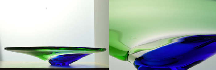 A MAGNIFICENT GREEN, BLUE & CLEAR CZECH ART GLASS BOWL, DESIGNED BY LADISLAV PALECEK IN 1977