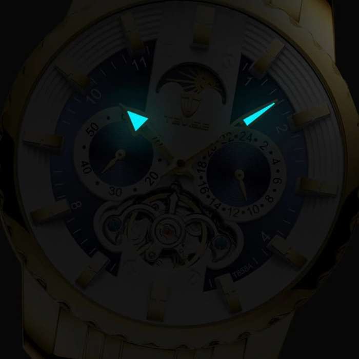 Retail: R2,399.00 TEVISE ® Men's Flemming Automatic Moonphase Gold/Black Watch BRAND NEW