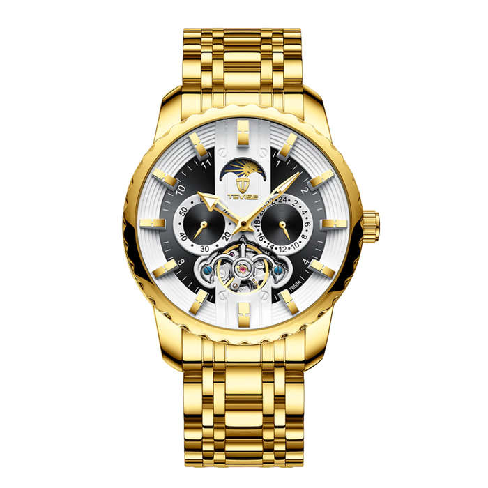 Retail: R2,399.00 TEVISE ® Men's Flemming Automatic Moonphase Gold/Black Watch BRAND NEW