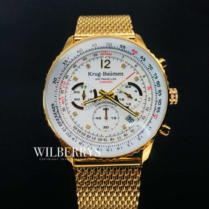 Retail: R12,000.00 Krug-Baumen Men's Air Traveller 46mm Diamond FULL GOLD pl Watch  NEW IN BOX