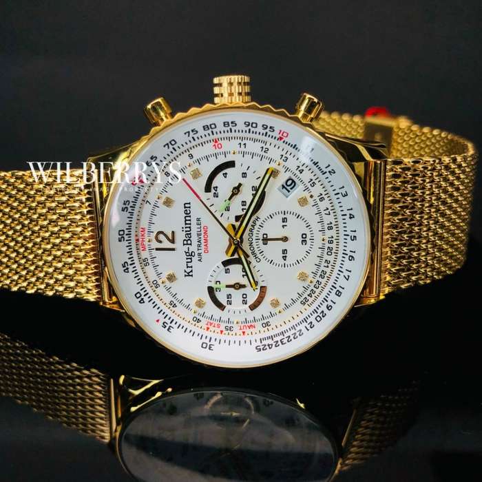 Retail: R12,000.00 Krug-Baumen Men's Air Traveller 46mm Diamond FULL GOLD pl Watch  NEW IN BOX