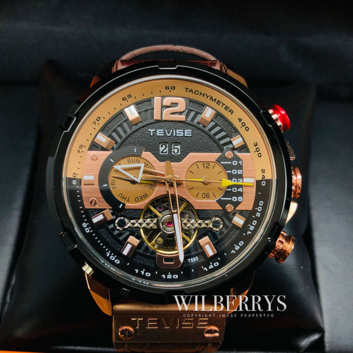 Retail: R2,399.00 TEVISE ® Men's Albatross AUTOMATIC Leather Rose Gold Brown Watch BRAND NEW