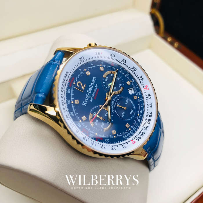 Retail: R11,000.00 Krug-Baumen Men's Air Traveller Diamond Blue Edition Watch BRAND NEW
