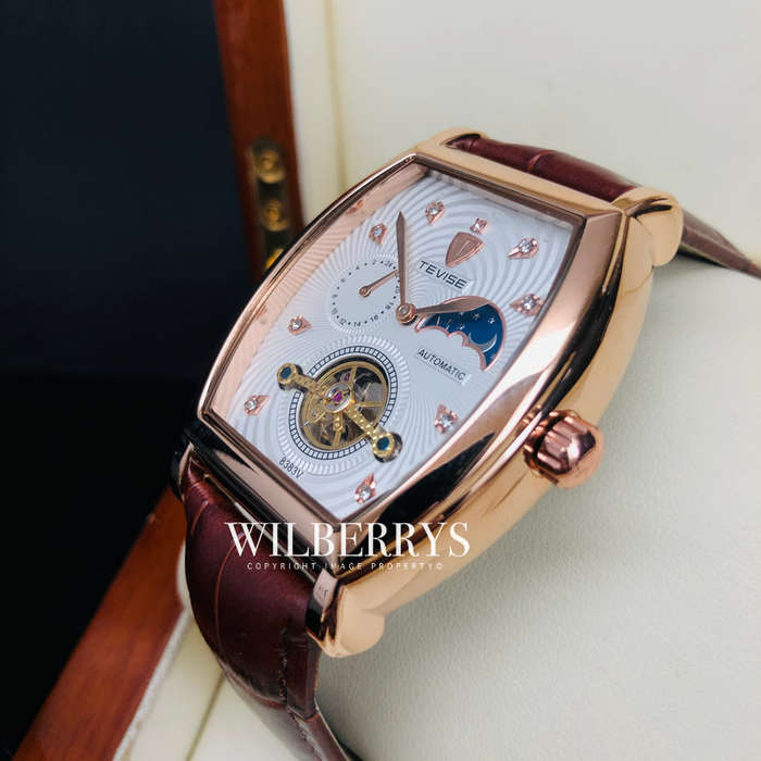 Retail: R2,899.00 TEVISE ® Men's Tonneux Tourbi Moonphase Automatic Brown Leather Watch BRAND NEW