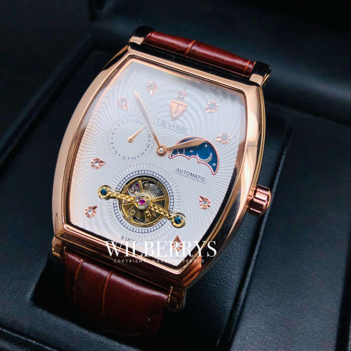 Retail: R2,899.00 TEVISE ® Men's Tonneux Tourbi Moonphase Automatic Brown Leather Watch BRAND NEW