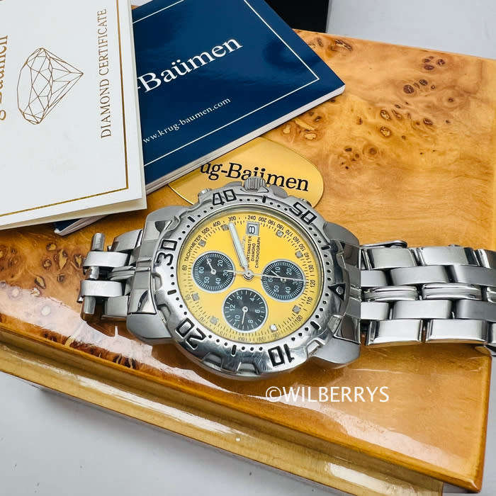 Krug Baumen Mens Sportsmaster Diamond Chronograph Watch Yellow