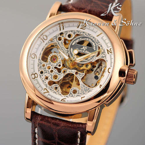 KRONEN & SOHNE **ROSE GOLD** Warrior Automatic Mechanical Leather Watch w/ box, papers