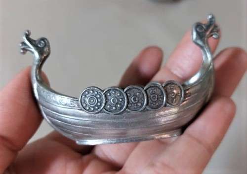 SET OF THREE! SWEDISH TPB PEWTER NORWEGIAN VIKING BOATS SALT CELLARS  RARE HANDSTOPT TPB TINN HARD