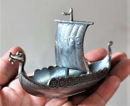 SET OF THREE! SWEDISH TPB PEWTER NORWEGIAN VIKING BOATS SALT CELLARS  RARE HANDSTOPT TPB TINN HARD