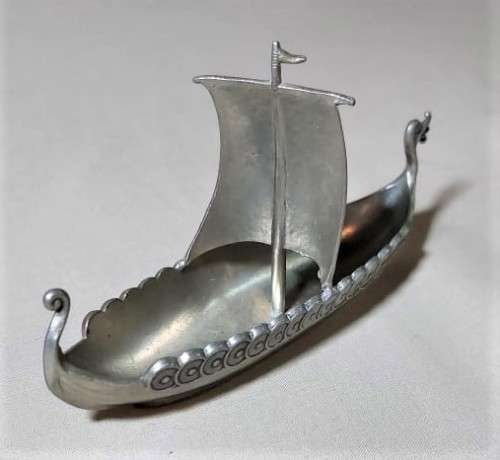 SET OF THREE! SWEDISH TPB PEWTER NORWEGIAN VIKING BOATS SALT CELLARS  RARE HANDSTOPT TPB TINN HARD