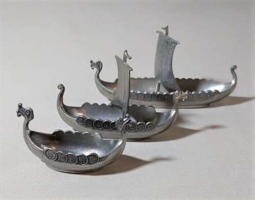 SET OF THREE! SWEDISH TPB PEWTER NORWEGIAN VIKING BOATS SALT CELLARS  RARE HANDSTOPT TPB TINN HARD