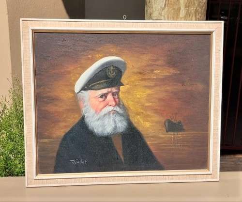 SHIPS CAPTAIN BY J FULLER (1950 - ) - VINTAGE ORIGINAL OIL PAINTING - LARGE (57CM W 47CM H) - FRAMED