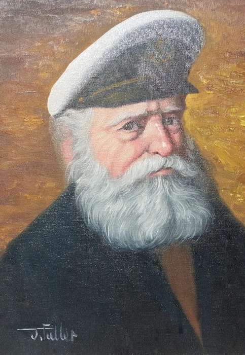 SHIPS CAPTAIN BY J FULLER (1950 - ) - VINTAGE ORIGINAL OIL PAINTING - LARGE (57CM W 47CM H) - FRAMED