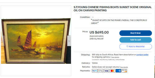 COLOURFUL CHINESE JUNK BOAT ORIGINAL 1970S OIL ON CANVAS BY HONG KONG ARTIST ST YOUNG