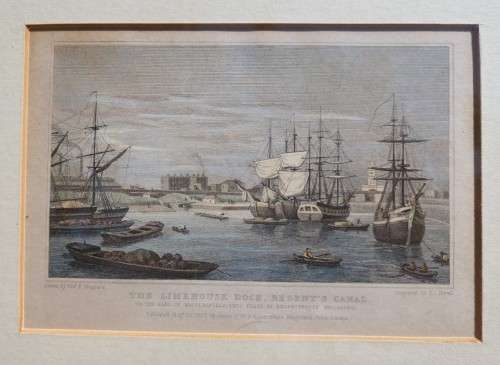 A 200  YEAR OLD 1820S ENGRAVING - LIMEHOUSE DOCKS LONDON - WITH SOME HAND COLOURING