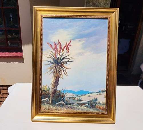 PAUL POTGIETER!! (SA ARTIST 1917-1994) ORIGINAL ALOE LANDSCAPE OIL PAINTING (44CM WIDE 69CM HIGH)