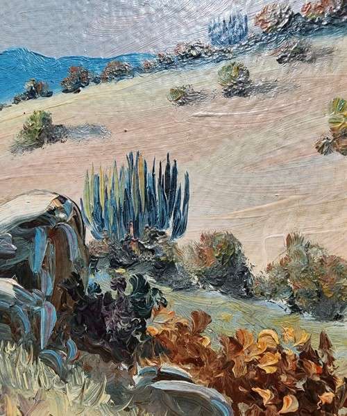 PAUL POTGIETER!! (SA ARTIST 1917-1994) ORIGINAL ALOE LANDSCAPE OIL PAINTING (44CM WIDE 69CM HIGH)