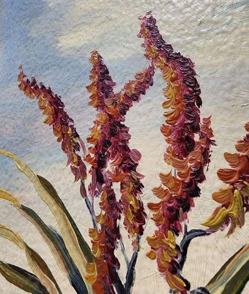 PAUL POTGIETER!! (SA ARTIST 1917-1994) ORIGINAL ALOE LANDSCAPE OIL PAINTING (44CM WIDE 69CM HIGH)