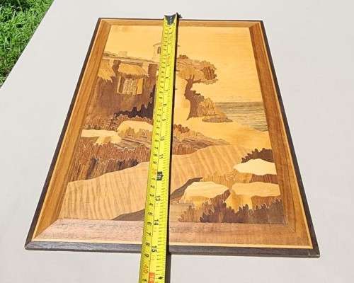 TWO WOODEN INLAY ARTWORKS MADE IN ITALY  ISLAND HOMES WITH FISHING BOATS