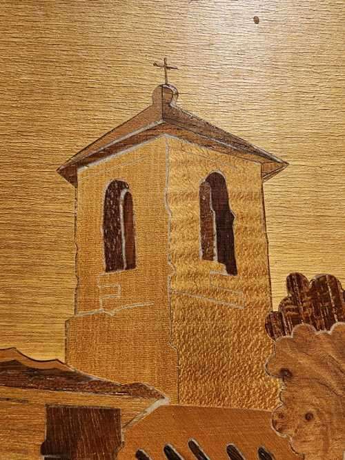 TWO WOODEN INLAY ARTWORKS MADE IN ITALY  ISLAND HOMES WITH FISHING BOATS