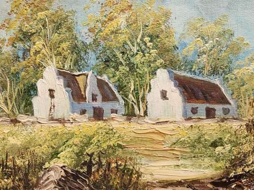 CAPE DUTCH HOMES WITH EUCALYPTUS TREES VINTAGE ORIGINAL OIL ON BOARD SIGNED F PARTHER LARGE 73CM W