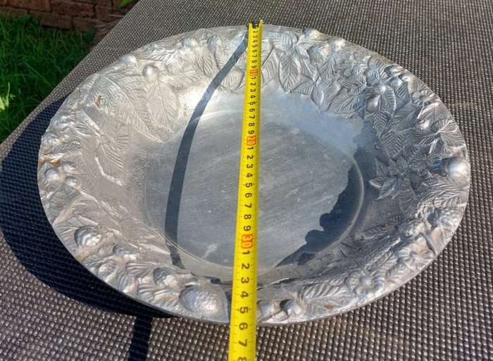 LARGE 36CM DIAMETER PEWTER OR ALUMINIUM BOWL WITH RAISED BERRY AND LEAF DESIGN