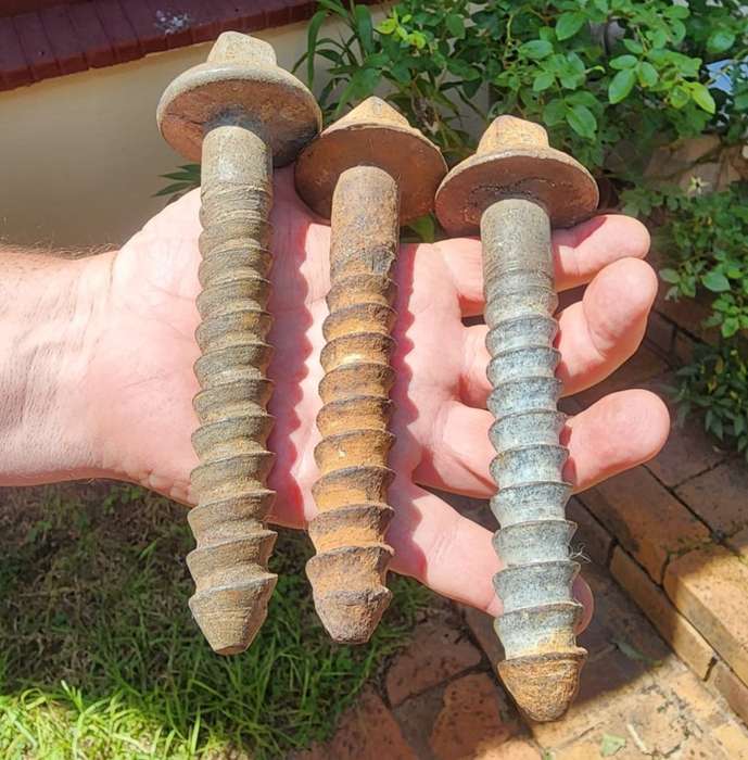 THREE VINTAGE 1950S SAR RAILWAY SLEEPER CAST IRON SCREW TRACK BOLTS