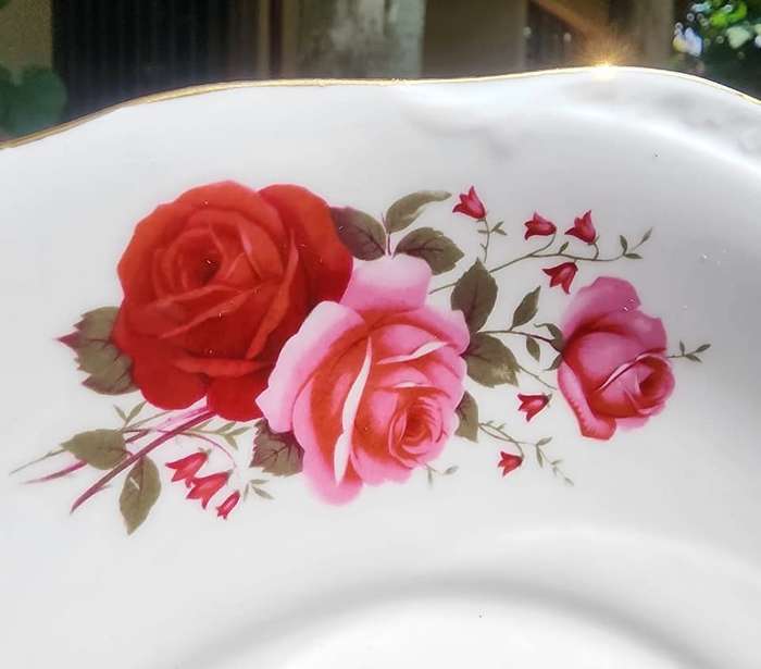 Gorgeous Queen Anne 1960s Red and Pink Roses Pattern Cake Plate