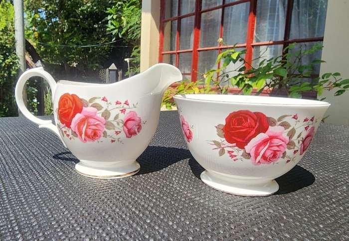 Exquisite Queen Anne 1960s Red and Pink Roses Pattern 16 Piece Teaset