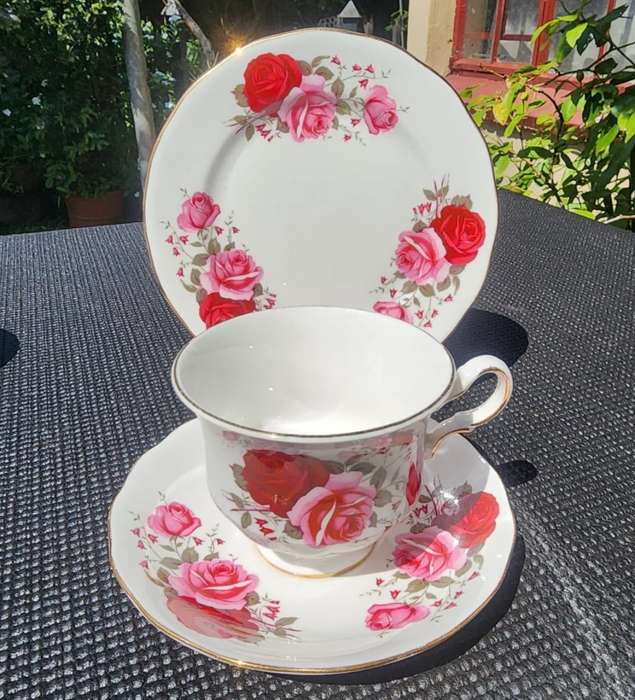 Exquisite Queen Anne 1960s Red and Pink Roses Pattern 16 Piece Teaset