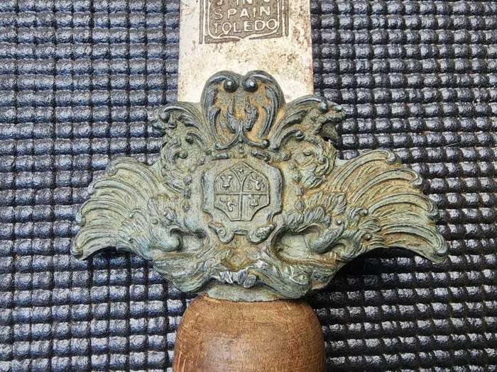 Vintage Engraved Spanish Toledo Main-Gauche Type Parrying Dagger with Elaborate Brass Relief Guard